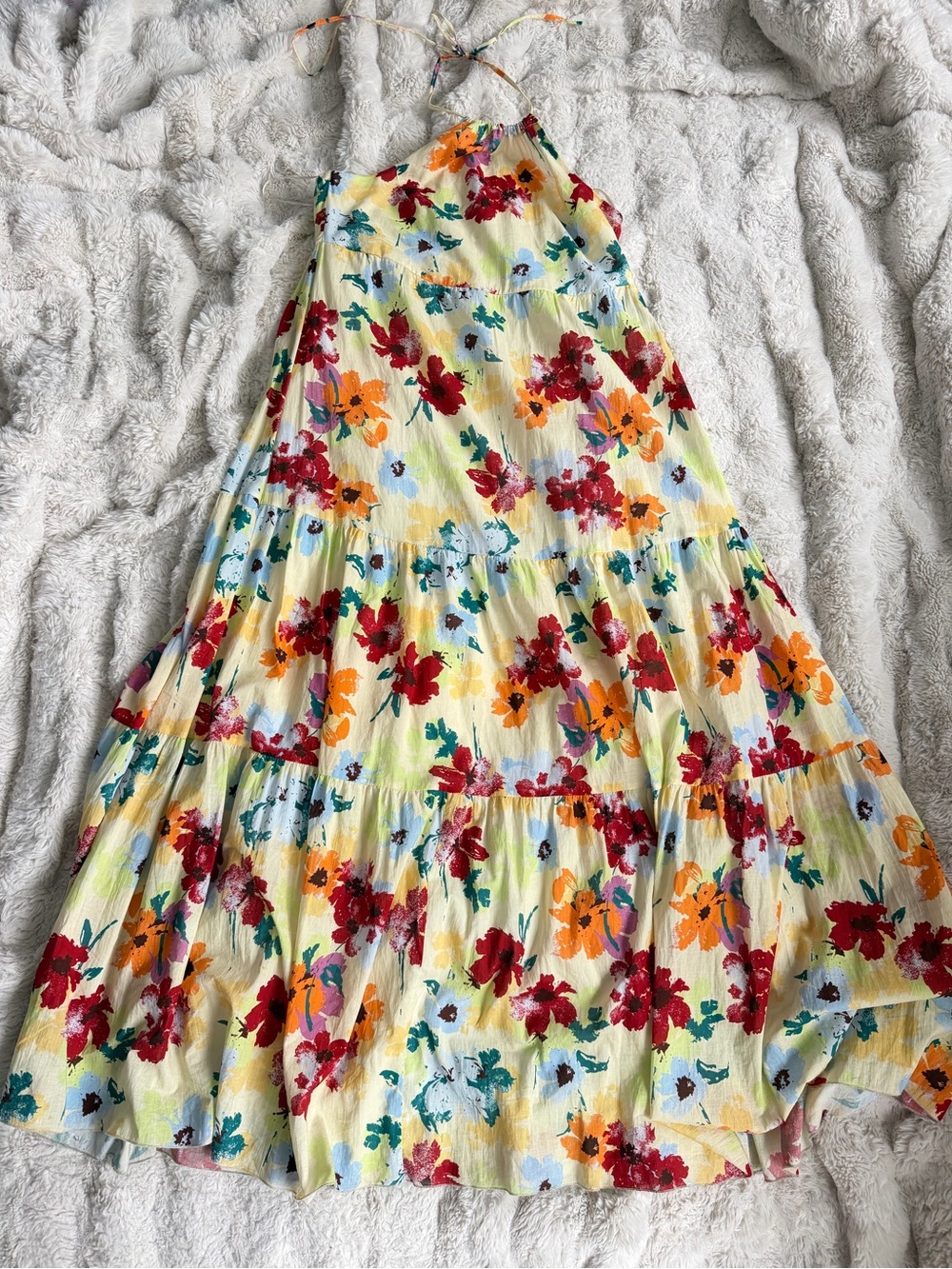 Yellow Floral Tiered Halter Maxi Summer Dress